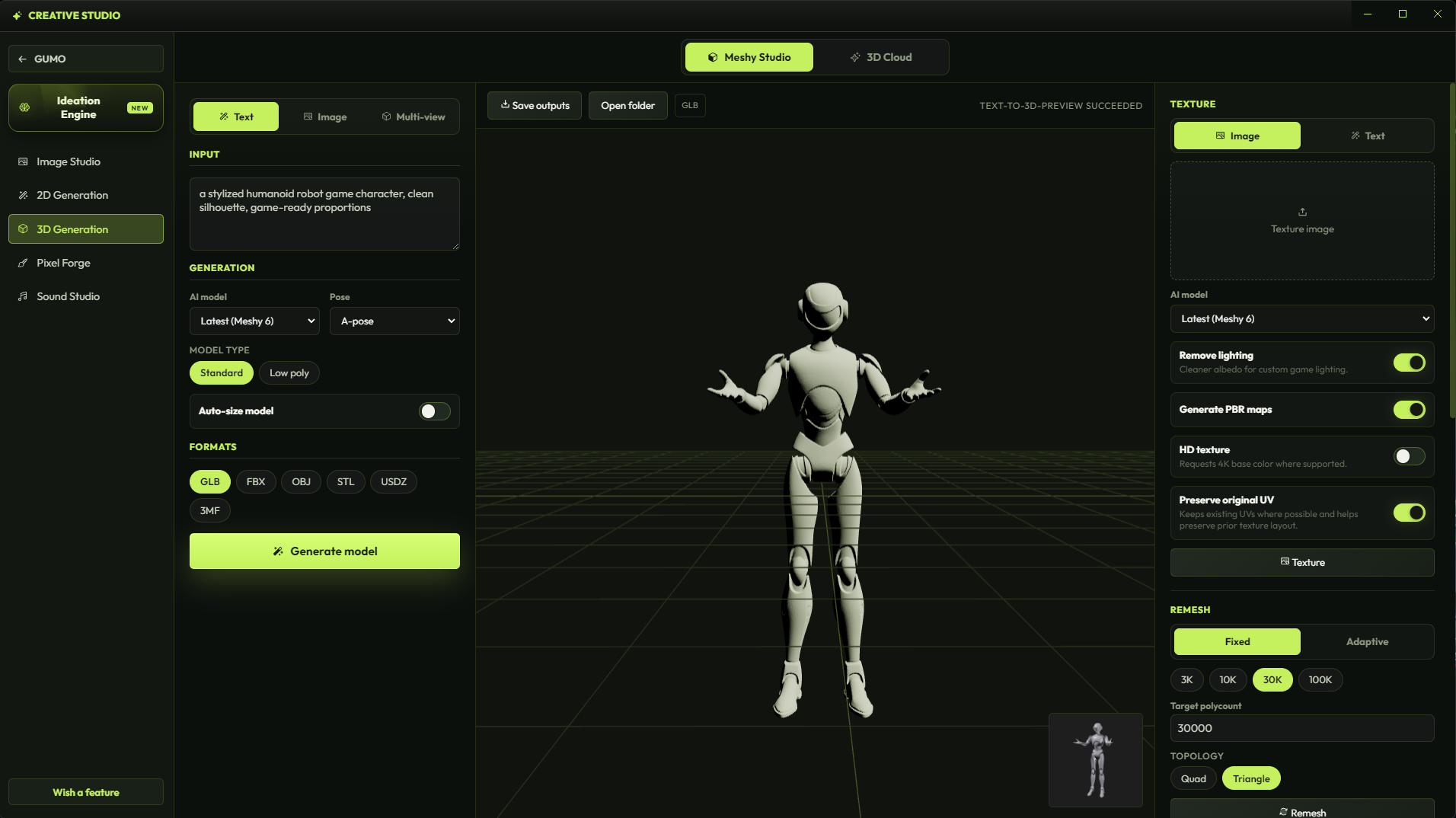 GUMO 3D studio interface for game asset generation